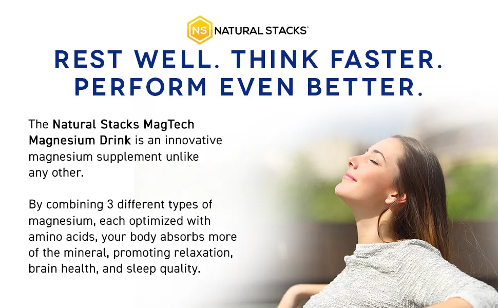 MagTech Magnesium Lemonade Drink Mix - Chelated Magnesium Complex - 3 Forms of Magnesium: Magtein Magnesium L-Threonate, Glycinate & Taurate - Supports Relaxation & Brain Health, 20 Stick Packs - Promotes Brain Health