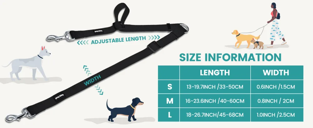 Adjustable Double Dog Lead Coupler No Tangle Nylon Twin 2 Pet Trainer Leash Splitter (M 16-23.6in Black) M 16-23.6in Black - SIZE INFORMATION