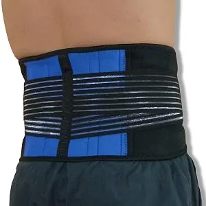 NeoPhysio Neoprene Double Pull Lower Back Support Lumbar Brace M - A man wearing a black and blue lower back support