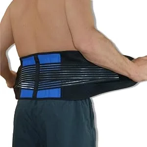 NeoPhysio Neoprene Double Pull Lower Back Support Lumbar Brace M - Man adjusting a blue back support around his waist