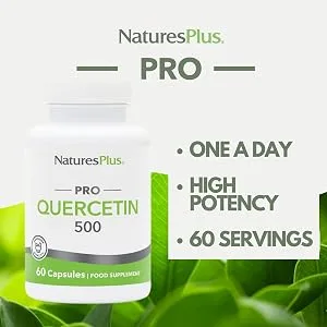 NaturesPlus PRO Quercetin Capsules 500 mg - High Strength Easy to Swallow One a Day - Vegan Gluten Free - 60 Capsules - digestion inflammation hay vitamin sinus probiotics prebiotics bloating histamine inflammation cold