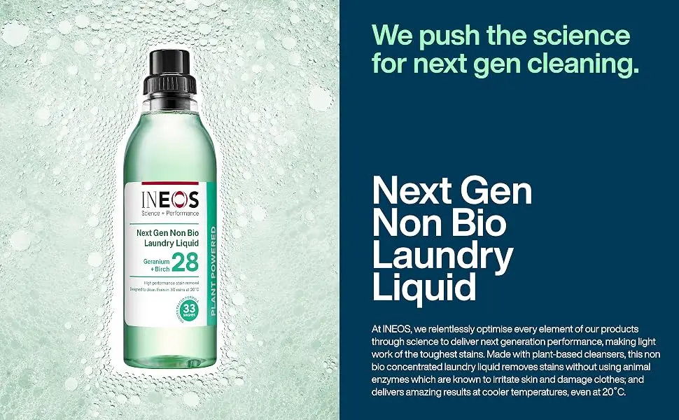 INEOS Next-Gen Non Bio Laundry Washing Liquid Detergent 33 Washes (1L) High Performance Stain Remover For Clothes Plant Powered For Sensitive Skin Geranium + Birch - Ineos