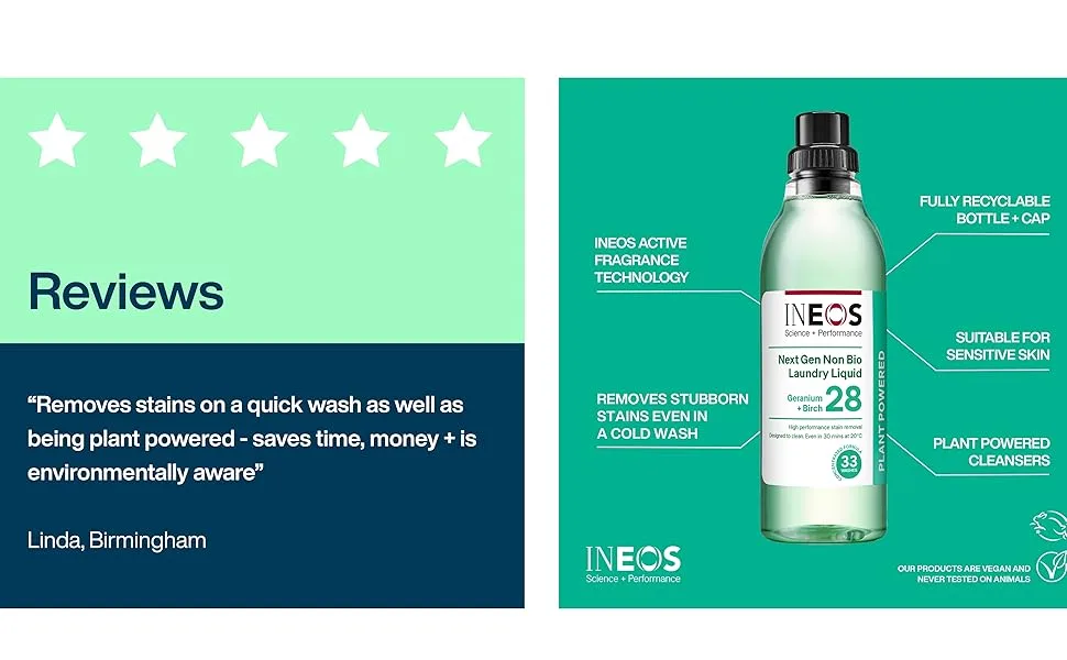 INEOS Next-Gen Non Bio Laundry Washing Liquid Detergent 33 Washes (1L) High Performance Stain Remover For Clothes Plant Powered For Sensitive Skin Geranium + Birch - Ineos