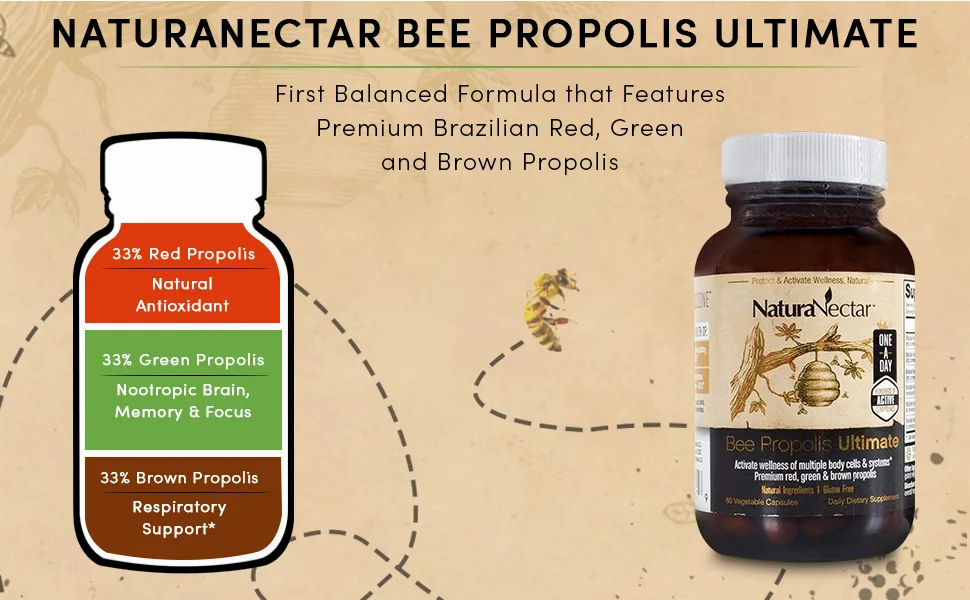NaturaNectar Bee Propolis Ultimate 60 Vegetable Capsules - NaturaNectar Bee Propolis Ultimate, Brazilian Red Propolis, Brazilian Green Propolis, Brown Propolis