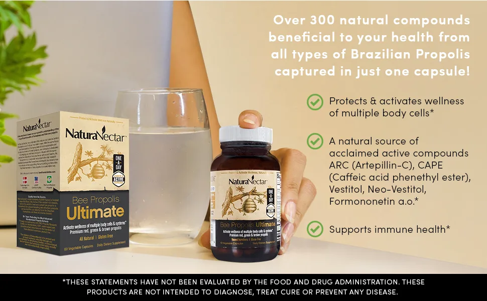 NaturaNectar Bee Propolis Ultimate 60 Vegetable Capsules - NaturaNectar Bee Propolis Ultimate, Brazilian Red Propolis, Brazilian Green Propolis, Brown Propolis