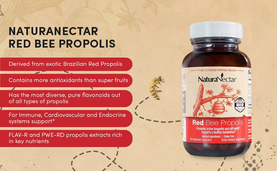NaturaNectar Red Bee Propolis 60 Vegetable Capsules - Red Bee Propolis, Brazilian Red Propolis, NaturaNectar, Vestitol, Neovestitol, Antioxidant, ORAC