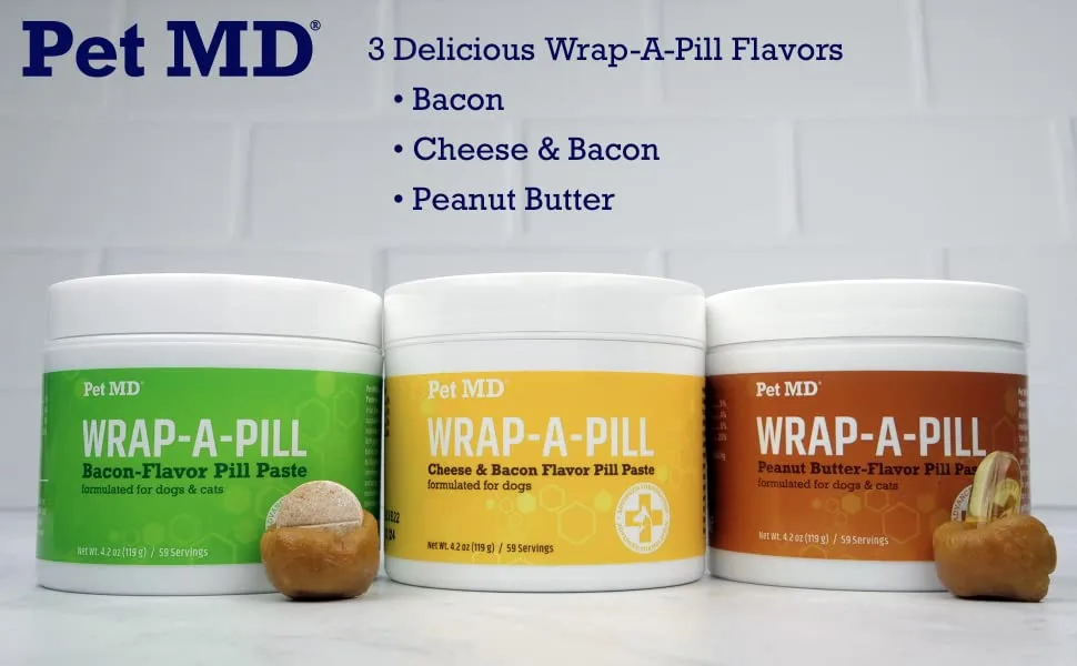 Pet MD Wrap A Pill Bacon Flavour Pill Paste for Dogs - Create a Pocket to Hide Pills and Medication - 59 Servings - wrap a pill, wrap-a-pill, bacon