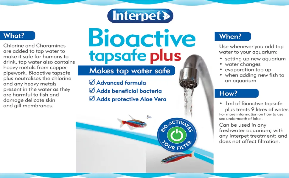 Interpet Bioactive Tapsafe Aquarium Water Dechlorinator & Conditioner 500 ml Keeps Fish Safe Fast Acting Removes Harmful Toxins from Tap Water Before Adding to Your Tank - interpet tap safe aquarium dechlorinator with aloe vera
