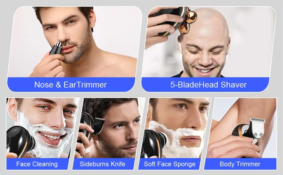 5 in 1 Men's Floating Razor Electric Shaver Rechargeable Portable Shavers for Men Waterproof with LED Display for Beard Trimmer Haircutter Black - Rechargeable Portable Shavers