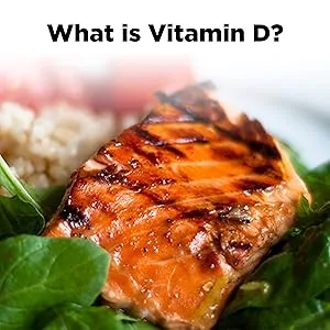 Nature Made D3 Extra Strength 125 mcg 90 Softgels - grilled salmon on spinach with text that reads what is vitamin d?