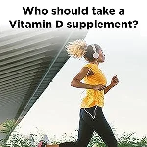 Nature Made D3 Extra Strength 125 mcg 90 Softgels - woman running in sunlight with text that reads who should take a vitamin d supplement?