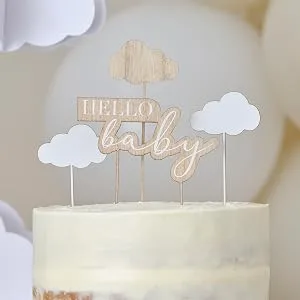 Ginger Ray Wooden Gender Neutral Hello Baby and Clouds Baby Shower Cake Topper - HBA-104