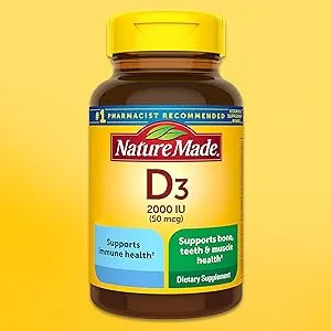 Nature Made Vitamin D3 50 mcg 250 Softgels - nature made D3 packaging on yellow background