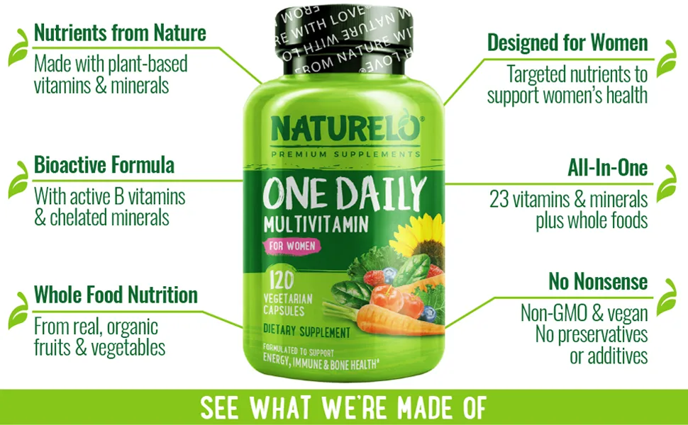 NATURELO One Daily Multivitamin for Women 120 Vegetable Capsules - Nutrients from Nature. Bioactive Formula. Whole Food Nutrition. Designed for Women. All-In-One.
