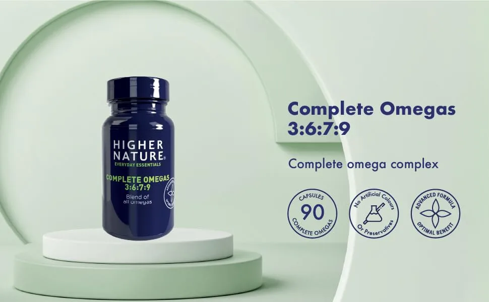 Higher Nature - Complete Omegas 3:6:7:9 - Fish Oils - Supports Vision Brain Function & Cardiovascular Health - 90 Capsules - Complete Omegas 90