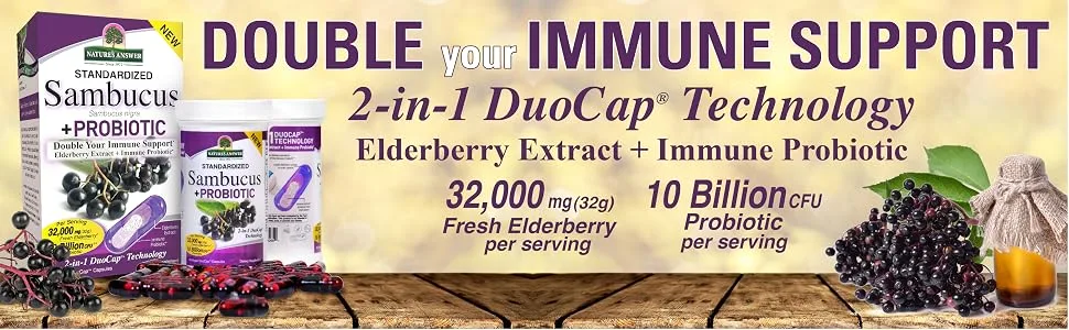 Nature's Answer Sambucus + Probiotic 60 Vegan DuoCap Capsules - Sambucus, Probiotic, Elderberry Extract, Concentrated, Immune System, Revolutionary, Gluten-Free