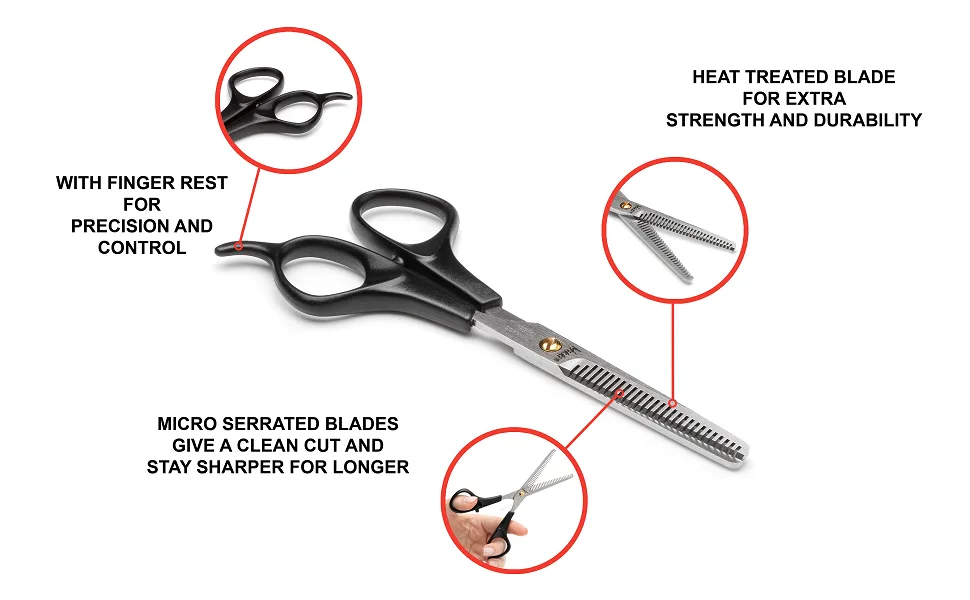 Mikki Dog Cat Double Thinning Grooming Scissors - Pet Shears with Toothed Blade for Thick Coats - Graphic calling out special features of the double thinning scissors