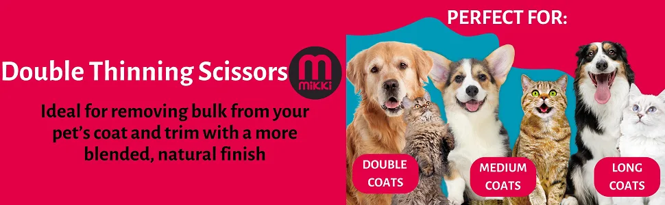 Mikki Dog Cat Double Thinning Grooming Scissors - Pet Shears with Toothed Blade for Thick Coats - Graphic explaining double thinning scissors ideal for removing bulk coat from dog and cat