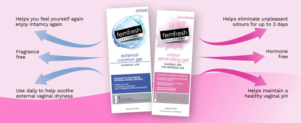 Femfresh Solutions Odour Eliminating Gel pH Balancing Treatment for Vaginal Discomfort 3 x 78g Pre-Filled Applicators - solutions footer