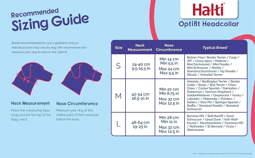 HALTI Optifit Headcollar Size Medium Dog Head Harness to Stop Pulling on the Lead Easy to Use Adjustable & Reflective Head Collar for Dogs Professional Anti-Pull Training Aid Black - Halti Optifit Headcollar - Size Guide