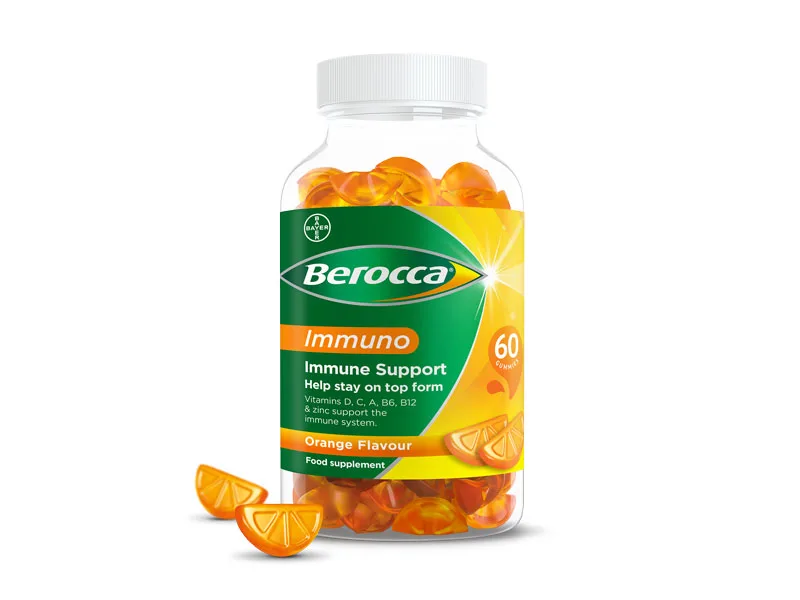Berocca Immuno Gummy Vitamins Orange Flavour Bursting with Immune System Supporting nutrients Vitamins D C A B6 B12 and Mineral zinc All Support The Immune System 60 chewable Gummies - Berocca Immno Gummy