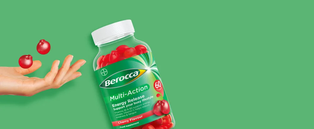 Berocca Multi-Action Gummy Vitamins Cherry Flavour 10 Essential Vitamins Including B1 & B2 to Support Energy Release and C to Help Reduce Tiredness & Fatigue 60 chewable Gummies. - How to take