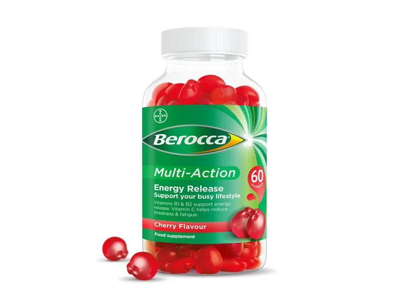 Berocca Multi-Action Gummy Vitamins Cherry Flavour 10 Essential Vitamins Including B1 & B2 to Support Energy Release and C to Help Reduce Tiredness & Fatigue 60 chewable Gummies. - Multi-Action
