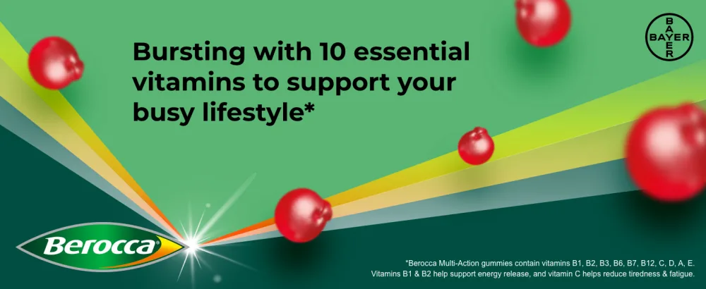 Berocca Multi-Action Gummy Vitamins Cherry Flavour 10 Essential Vitamins Including B1 & B2 to Support Energy Release and C to Help Reduce Tiredness & Fatigue 60 chewable Gummies. - Multi Action Hero Banner