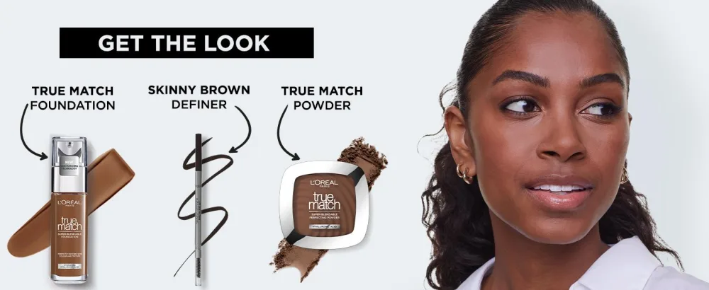 L'Oreal Paris Liquid Foundation Super-Blendable Skincare Infused with Hyaluronic Acid True Match 1C 30ml - get the look by with true match foundation, brown definer, and true match powder