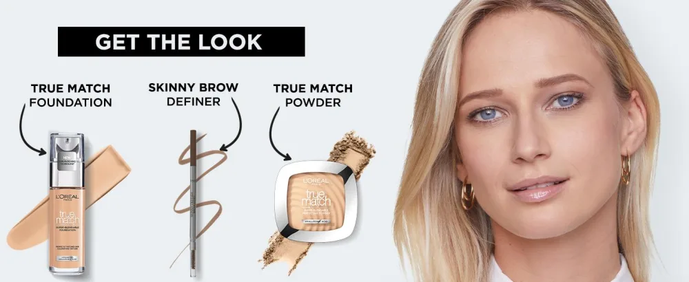 L'Oreal Paris Liquid Foundation Super-Blendable Skincare Infused with Hyaluronic Acid True Match 1C 30ml - get the look by with true match foundation, brown definer, and true match powder