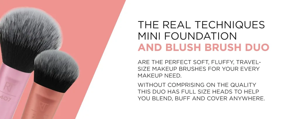 Real Techniques Mini Brush Foundation and Blush Duo Travel Size For Loose Blush and Liquid Foundation 2 Piece Set 2/Mini Brush Foundation and Blush Duo - Real Techniques Brush 1858
