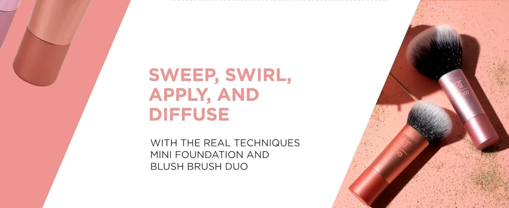 Real Techniques Mini Brush Foundation and Blush Duo Travel Size For Loose Blush and Liquid Foundation 2 Piece Set 2/Mini Brush Foundation and Blush Duo - Real Techniques Brush 1858