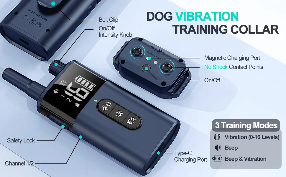 Anti Bark Collar with Remote 1600Ft Dog Training Collar Vibrating Collar for Small Medium Large Dogs with Vibration & Sound & Safe Lock Waterproof & Rechargeable Vibration Collar Humane (Blue) - Vibrating dog training collar no shock