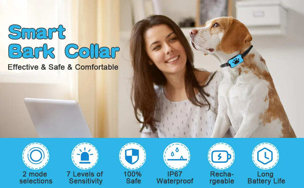 Anti Bark Collars for Dogs Rechargeable Bark Collar with 7 Adjustable Sensitivity Levels Smart Dog Barking Collar Humane Vibration Beep Anti Barking Device for Small Medium Large Dogs - dog barking collar