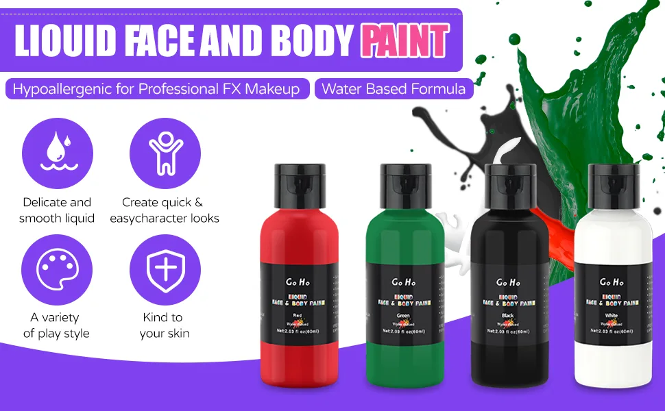 Go Ho Makeup Liquid Body Paint(2.1 oz) White Makeup Water Based Face Paint and Body Paint for Special FX Cosplay and Halloween Makeup - liquid body paint