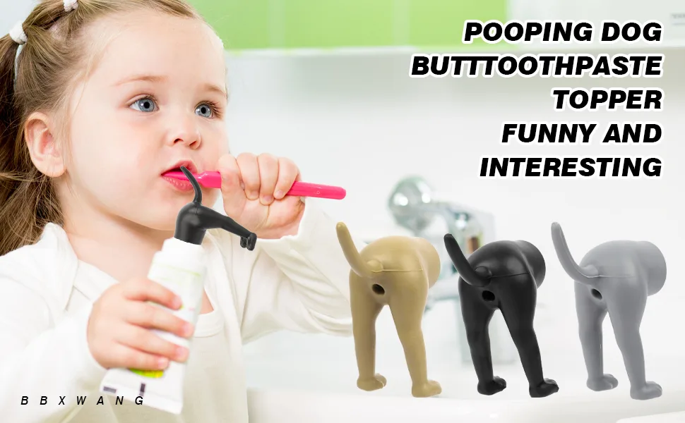 Pooping Dog Butt Toothpaste Topper Dog Poop Toothpaste Dispenser Funny Pooping Toothpaste Cap Creative Gift for Kids Adults Friends (Brown) - product information 1