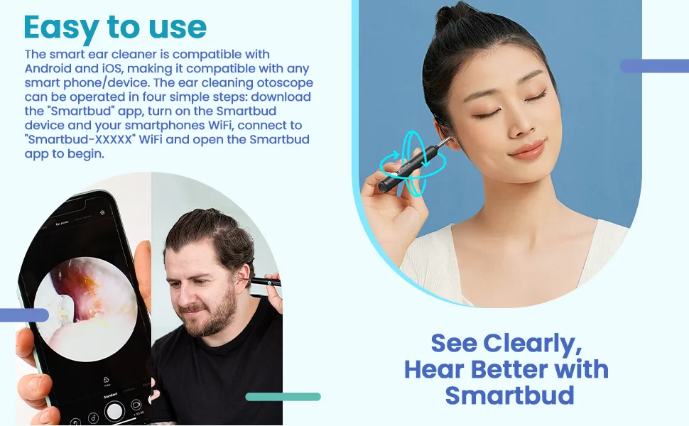 Smartbud Plus Ear Wax Removal Kit Professional 1080p (HD) Camera 6 LED Lights Wireless Ear Cleaner with Camera Wax Remover Otoscope for iPhone iPad & Android Smartphones - ear wax cleaner with camera.