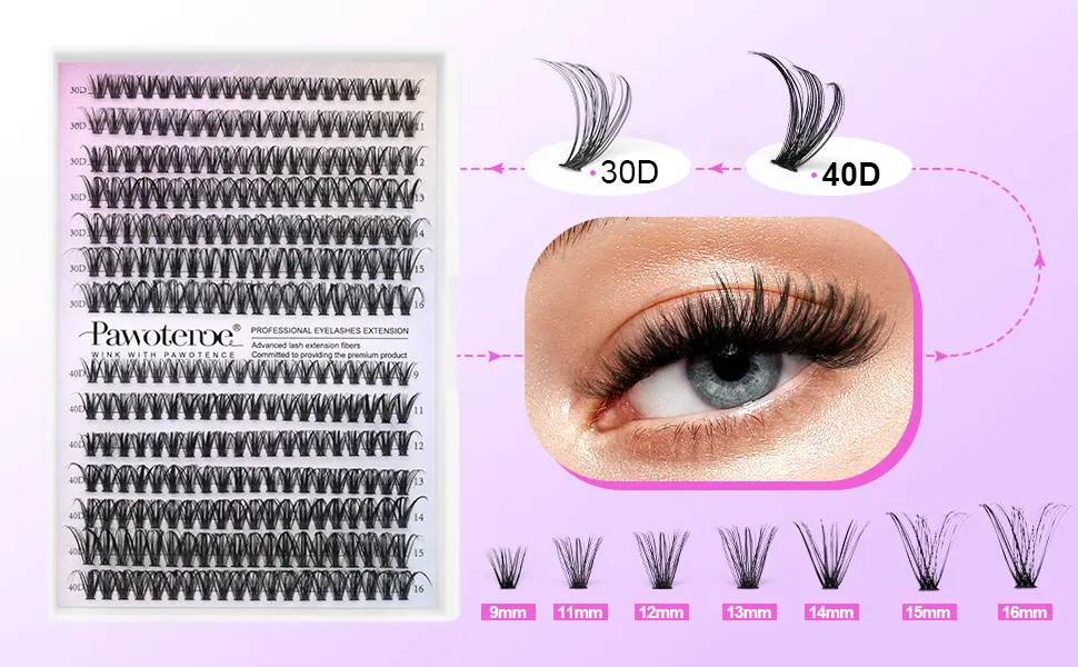 Pawotence Individual Eyelashes 280pcs 40D Curl Cluster Lashes Individual Cluster 9-16mm Mix Eyelash Clusters Lash Extensions for Self Application at Home(40D-0.07D-9-16MIX) - lash extension kit