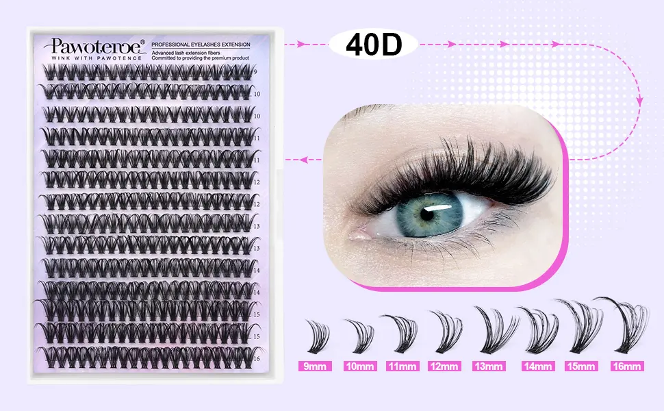 Pawotence Individual Eyelashes 280pcs 40D Curl Cluster Lashes Individual Cluster 9-16mm Mix Eyelash Clusters Lash Extensions for Self Application at Home(40D-0.07D-9-16MIX) - lash extension kit