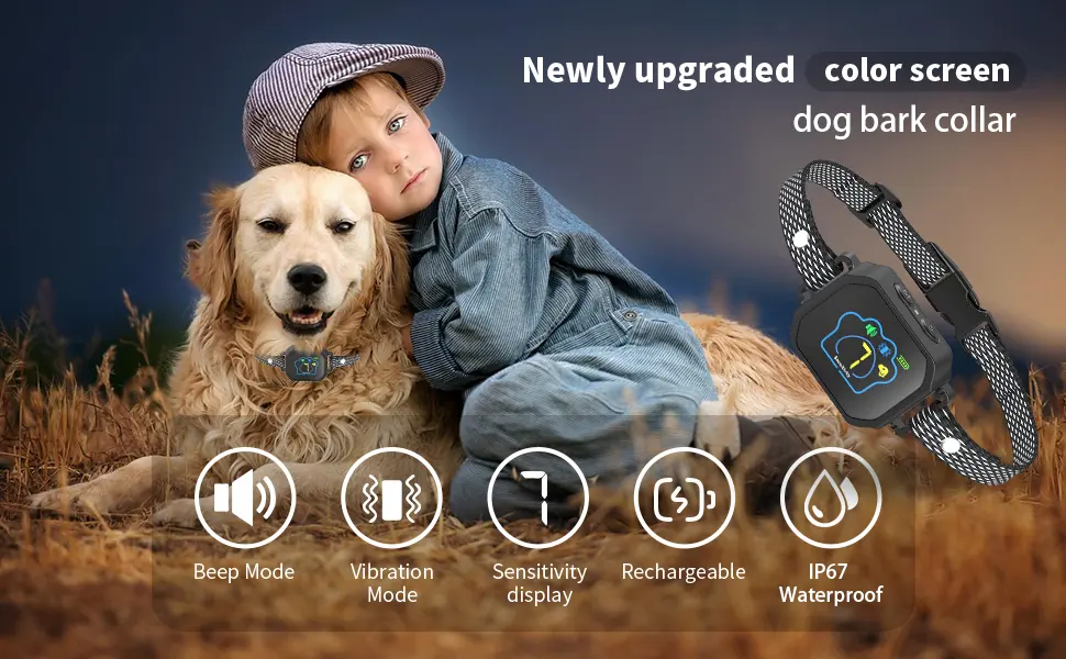 Anti Barking Dog Collars Rechargeable Smart Bark Collar with HD Colour Screen Display Vibration&Beep 7 Sensitivity Adjustable IP67 Waterproof Harmless Anti Bark Collars for Small Medium Large Dog Black - dog bark collar