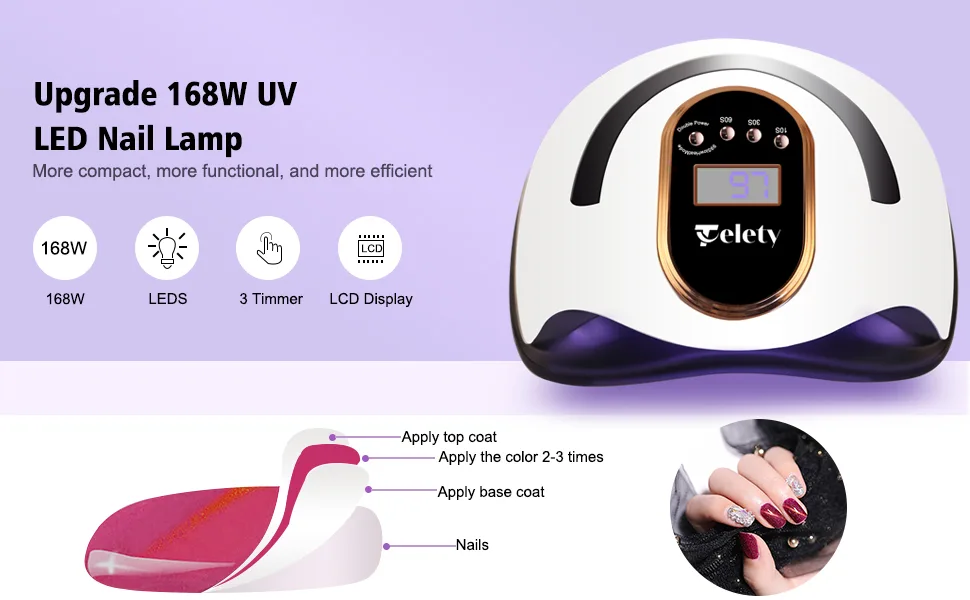 UV Led Nail Lamp 168W Nail Dryer UV Light for Shellac Manicure Gel with 4 Timers LCD Display USB Plug Nail Light DIY Tools for Beginners Home Salon Use - product information 1