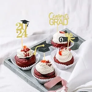 24 Pieces Sparkle 2023 Cupcake Toppers Graduation Cupcake Toppers Bachelier Hat Decoration Graduation Decoration (Black & Blue) - 2024 diploma cupcake