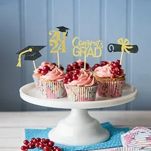 24 Pieces Sparkle 2023 Cupcake Toppers Graduation Cupcake Toppers Bachelier Hat Decoration Graduation Decoration (Black & Blue) - Graduation Party