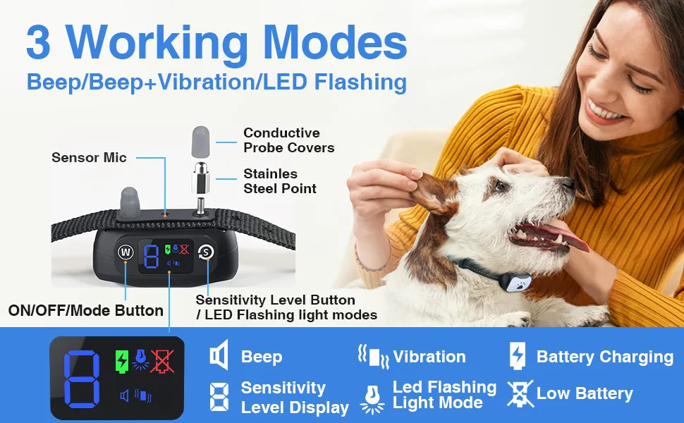 MASBRILL Bark Collar for Small Medium Large Dog Anti Barking Dog Collars Rechargeable with Vibration Beep Training Stop Dog Barking Deterrent Device with 7 Sensitivity Levels-Blue Light - dog bark collar