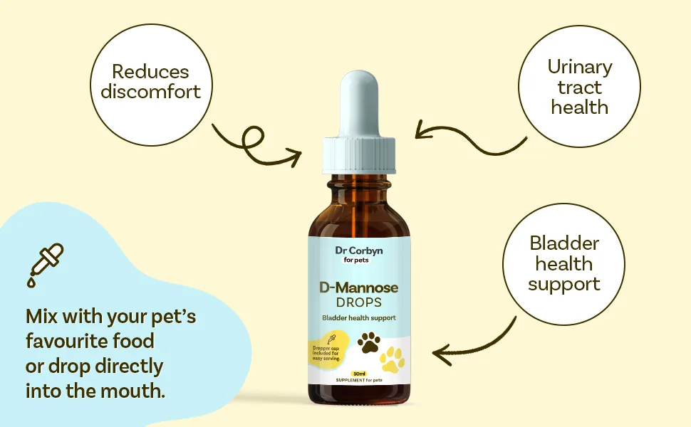 Dr Corbyn Pets D-Mannose Drops - 50ml | Urinary Tract & Bladder Health Support for Dogs Cats | Cystitis Support | All Natural Easy to Use - pets bladder health support