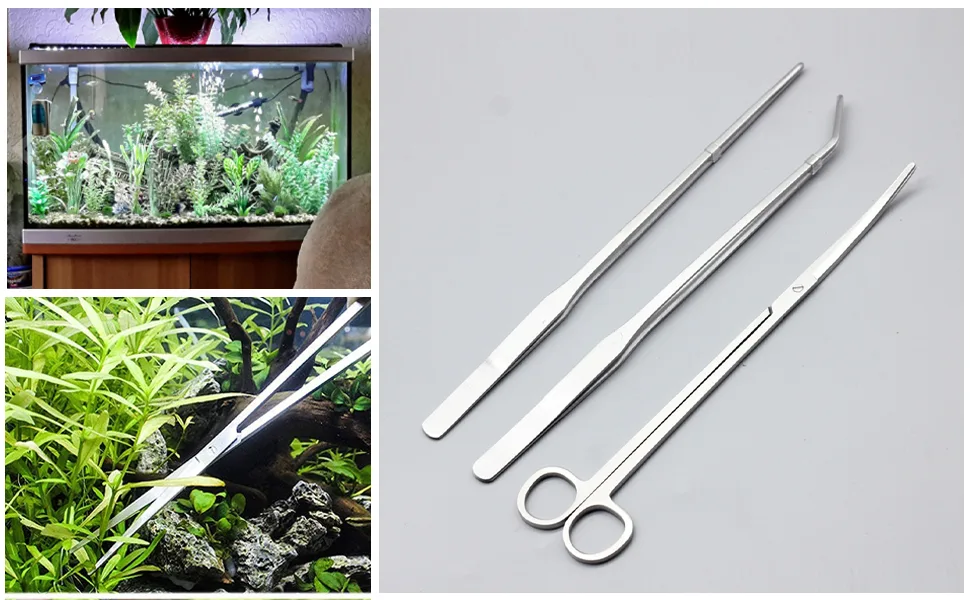 Aquarium Tools Kit 3 in 1 Stainless Steel Extra Long Aquarium Tank Tweezers Scissors Cleaning Tool Set - Aquarium Tools Kit
