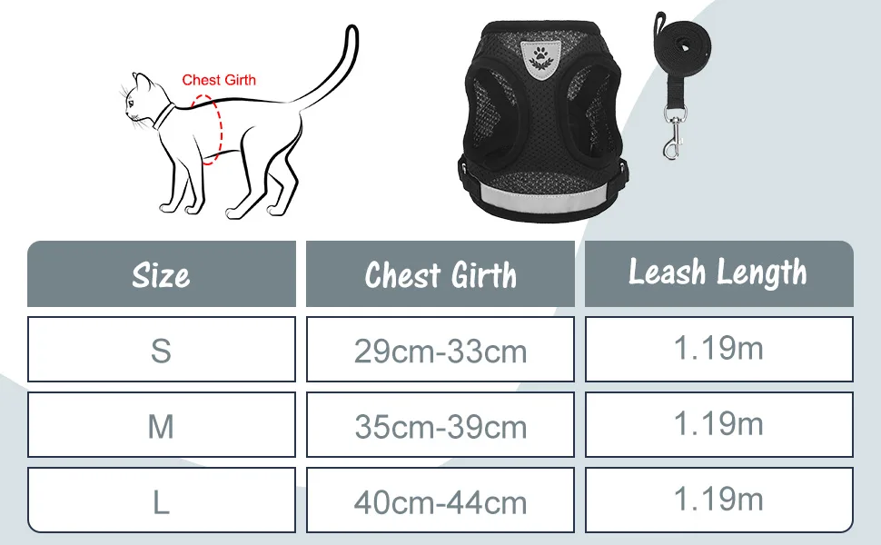 BINGPET Escape Proof Cat Harness and Leash Set - Adjustable Vest Harnesses for Small Medium Cats Soft Reflective Mesh Vest Harness and Lead Set - Best for Kitten Walking Medium Black - product information 2