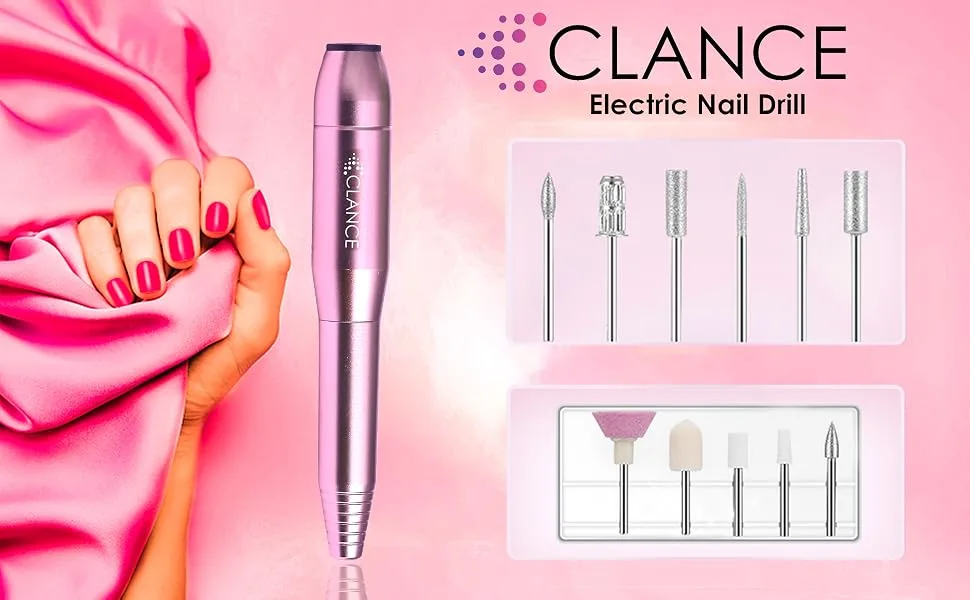 CLANCE Electric Nail Drill - Nail Science Optimized Manicure Pedicure Electric Nail File for Natural & Acrylic Nails | Dream & Create with 11 Multifunction Drill Bits + 100 Sanding Bands (Silver) - full kit