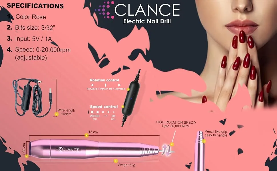 CLANCE Electric Nail Drill - Nail Science Optimized Manicure Pedicure Electric Nail File for Natural & Acrylic Nails | Dream & Create with 11 Multifunction Drill Bits + 100 Sanding Bands (Silver) - Specs