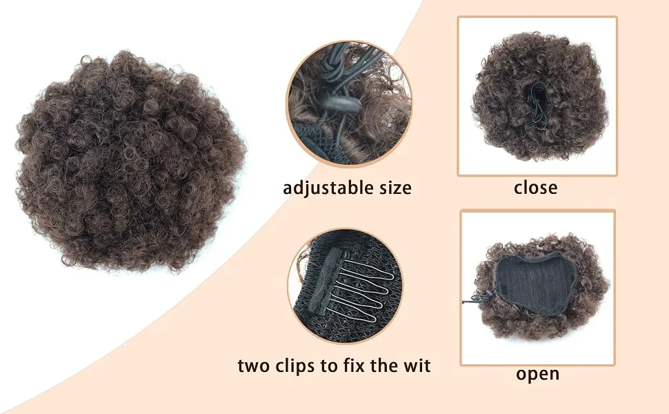 Afro Puff Drawstring Ponytail Extension Short Synthetic Afro Kinky Curly Puff Ponytail for Natural Hair Clip On Kinky Drawstring Curly Ponytail Bun Hairpieces (Medium 4#) Medium 4# - product information 1